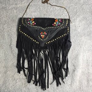Earthbound Trading Fringe Crossbody Bag Black Leather Embroidered Flower Studded